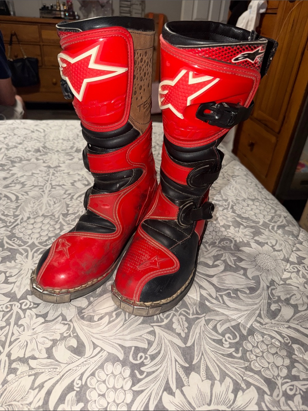 Alpinestars Red and Black Motocross Boots with Buckle Closure